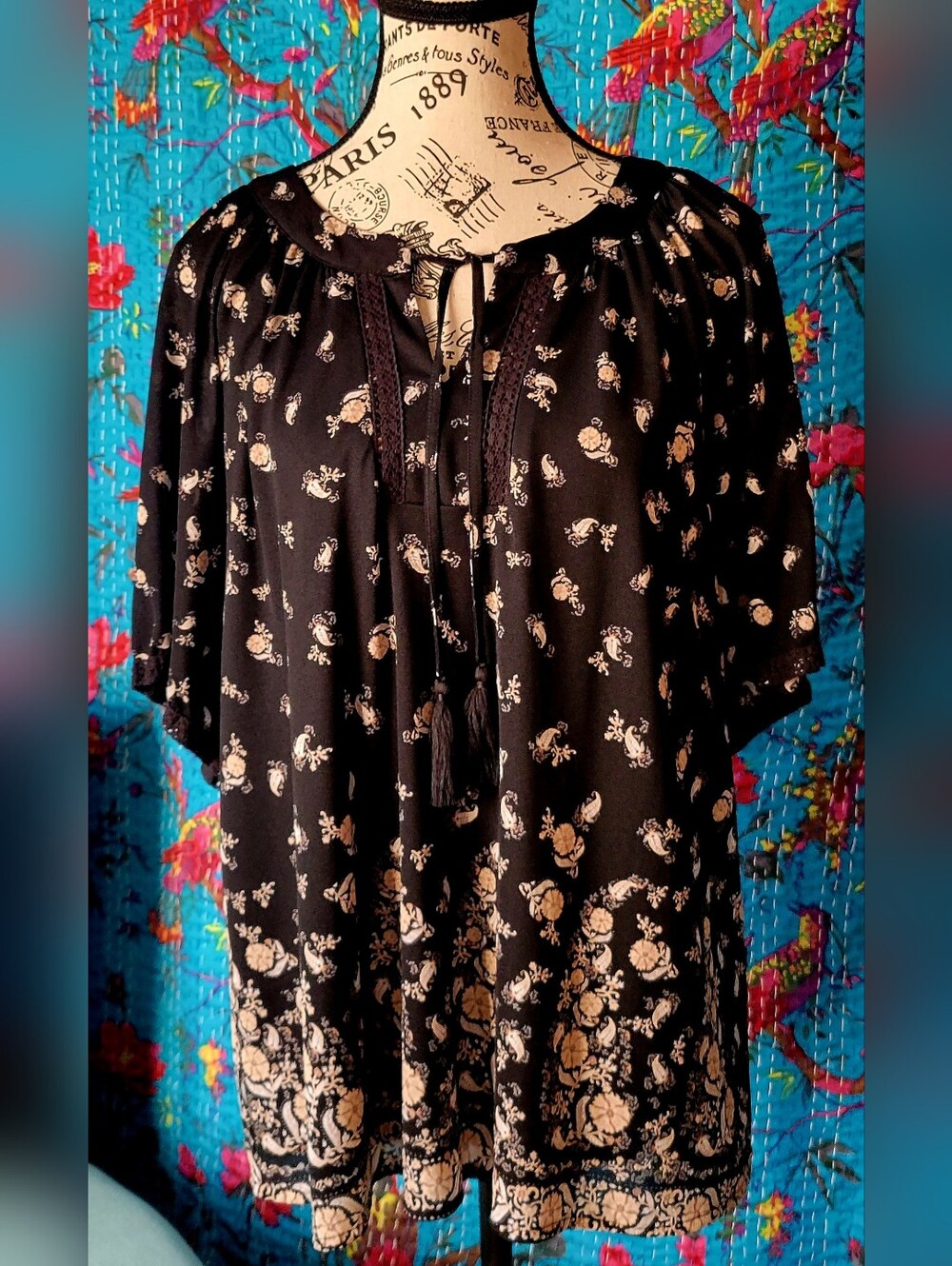 Style & Co. Black Blouse with Cream Floral Border and Tassel Tie